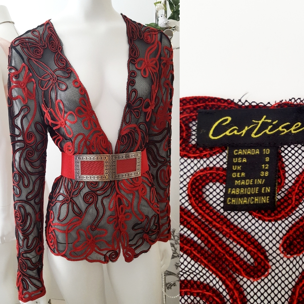 NEW Cartise💋Black Sheer Mesh Blazer Jacket | Red Ribbon Lace Applique